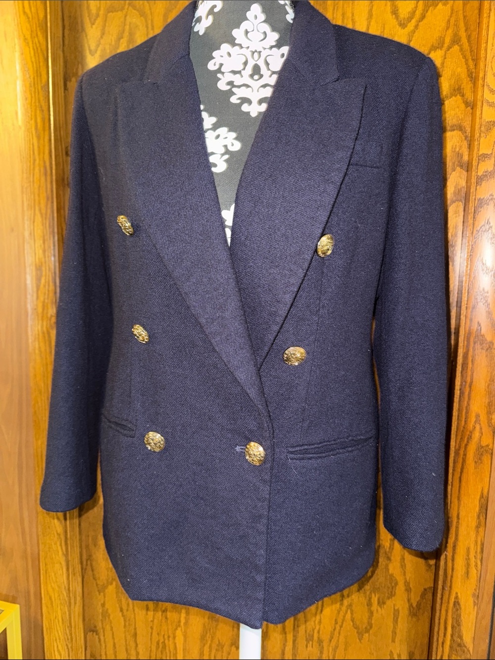 Women’s Navy Double-Breasted Blazer with Gold Buttons Wool.
